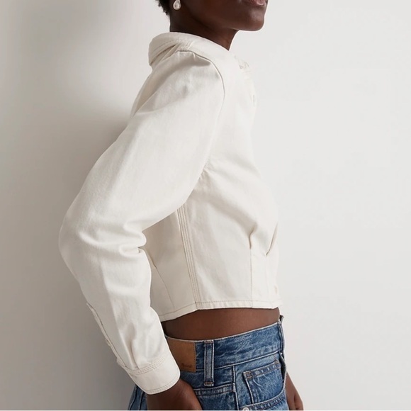 Madewell Denim Pleated Cropped Button Up Shirt Ivory Small - Picture 2 of 9